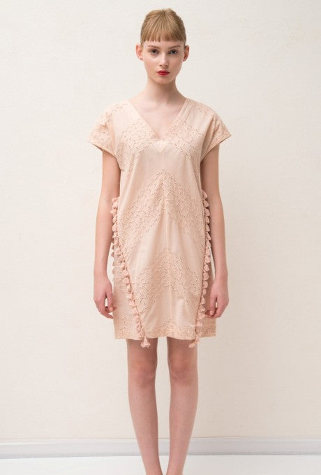 100% Cotton Mini Dress Embroidered Lace Tassel Women's Velnica From Japan