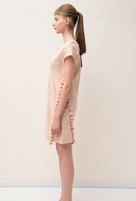 100% Cotton Mini Dress Embroidered Lace Tassel Women's Velnica From Japan