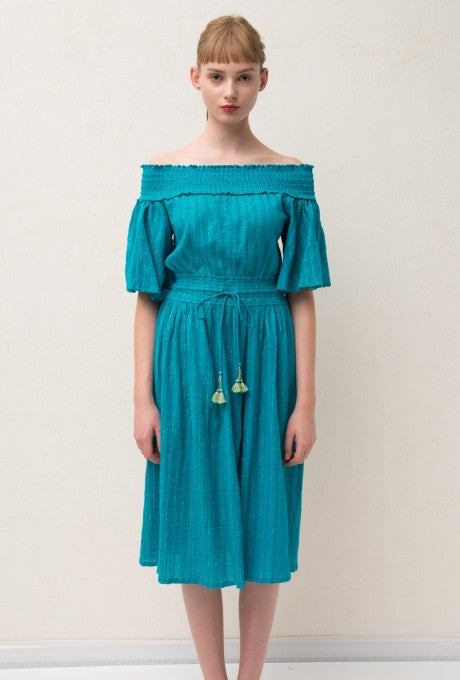 Midi Dress Shirring Off-Shoulder Cotton Crepe Tassel Women's Velnica From Japan