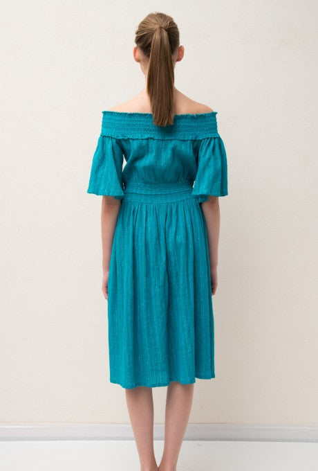 Midi Dress Shirring Off-Shoulder Cotton Crepe Tassel Women's Velnica From Japan