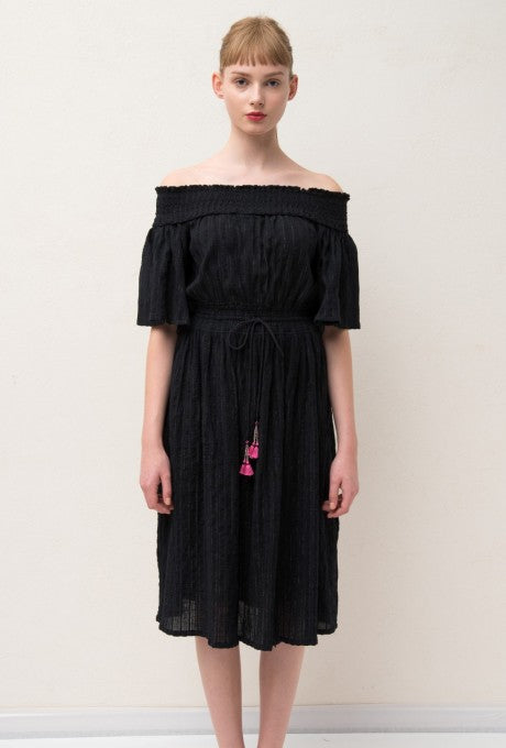 Midi Dress Shirring Off-Shoulder Cotton Crepe Tassel Women's Velnica From Japan