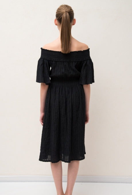 Midi Dress Shirring Off-Shoulder Cotton Crepe Tassel Women's Velnica From Japan