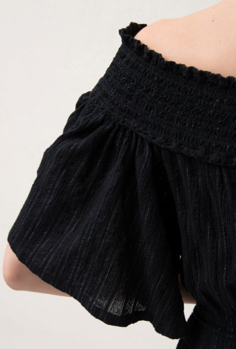 Midi Dress Shirring Off-Shoulder Cotton Crepe Tassel Women's Velnica From Japan