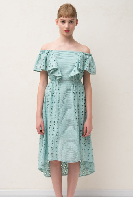 100%Cotton Dress Cut-Out Lace Off-Shoulder Embroidered Women's Velnica From Japan