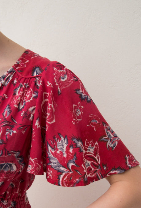 Floral Print Midi Dress Rose Flare Sleeve Red Women's Velnica From Japan