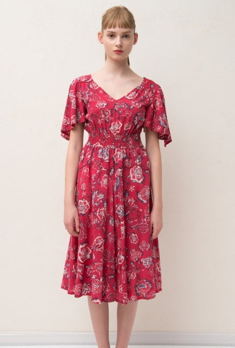 Floral Print Midi Dress Rose Flare Sleeve Red Women's Velnica From Japan