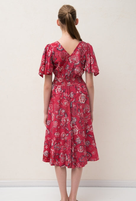 Floral Print Midi Dress Rose Flare Sleeve Red Women's Velnica From Japan