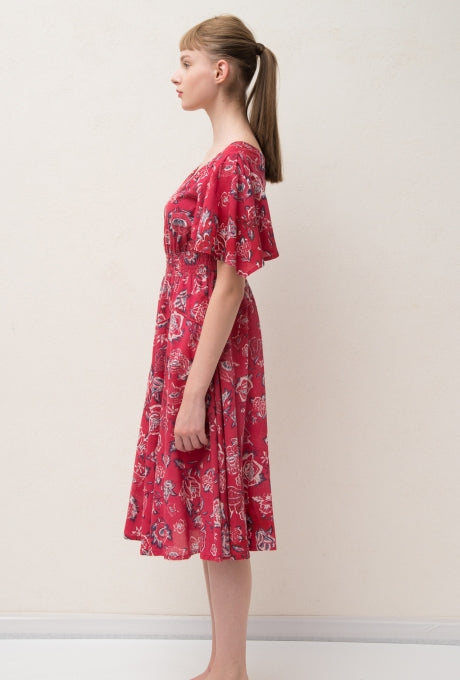 Floral Print Midi Dress Rose Flare Sleeve Red Women's Velnica From Japan