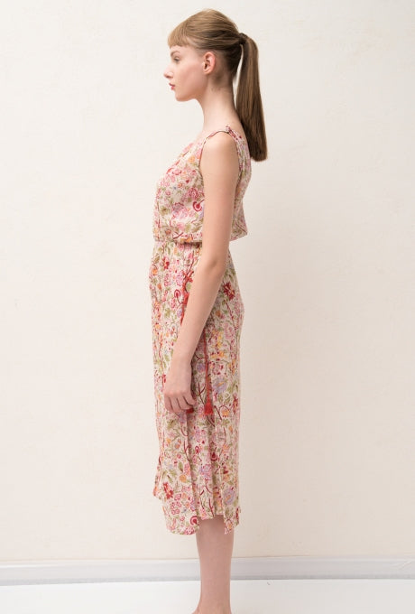 100% Cotton Midi Dress Floral Print Crepe Sleeveless Women's Velnica From Japan