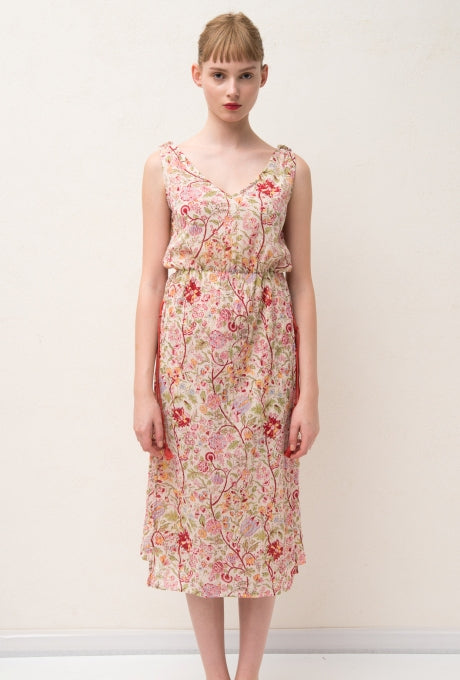 100% Cotton Midi Dress Floral Print Crepe Sleeveless Women's Velnica From Japan