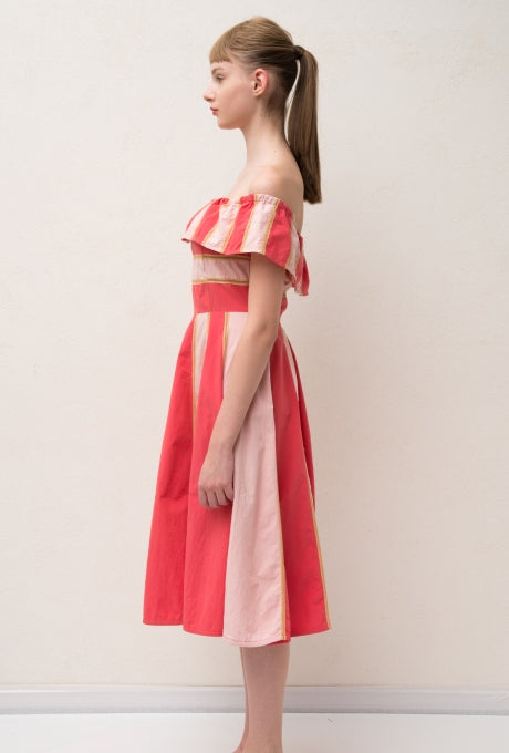 Color-Blocked Striped Dress Off-Shoulder Women's Velnica From Japan