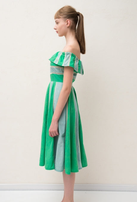 Color-Blocked Striped Dress Off-Shoulder Women's Velnica From Japan