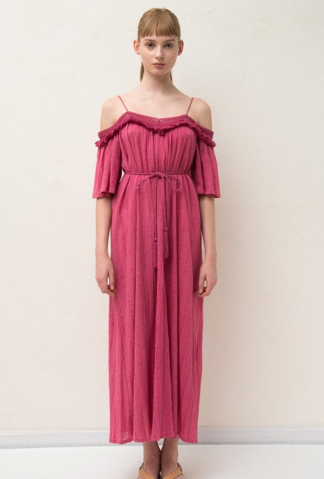 Cotton Rayon Crepe Maxi Dress Soft Fringe Summer Women's Velnica From Japan