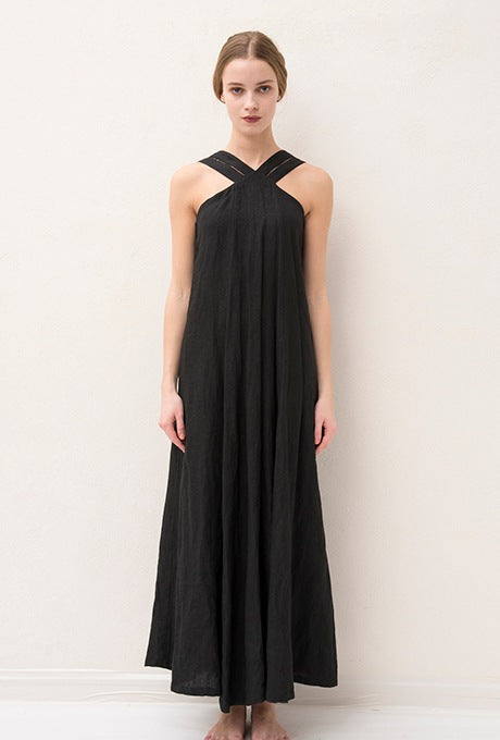 100% Linen Maxi Dress A-line Elegant Women's Velnica From Japan