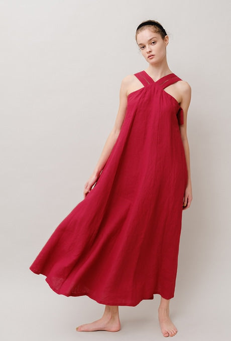 100% Linen Maxi Dress A-line Elegant Women's Velnica From Japan
