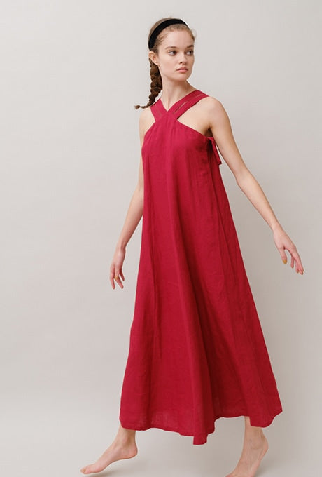 100% Linen Maxi Dress A-line Elegant Women's Velnica From Japan