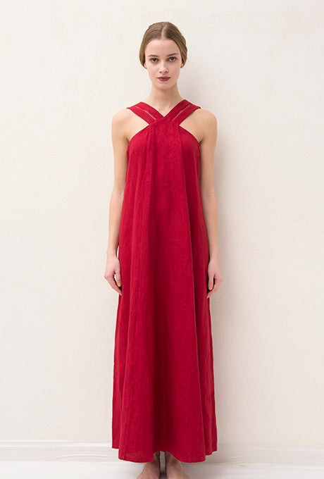 100% Linen Maxi Dress A-line Elegant Women's Velnica From Japan