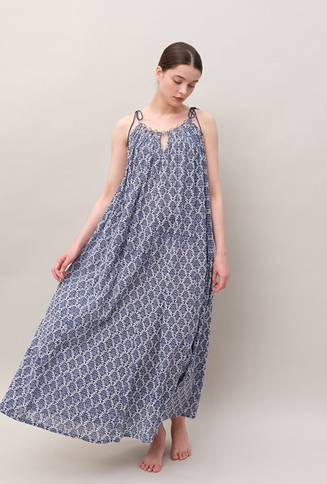 100% Cotton Maxi Dress Print Bead Decoration Women's Velnica From Japan