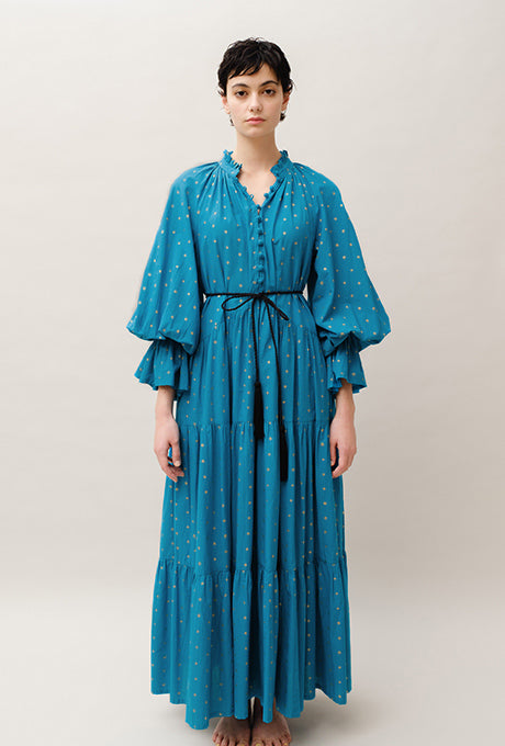 Maxi Dress Tiered 100% Cotton Gold Dot Print Gorgeous Women's Velnica From Japan