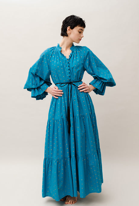 Maxi Dress Tiered 100% Cotton Gold Dot Print Gorgeous Women's Velnica From Japan