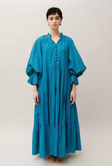 Maxi Dress Tiered 100% Cotton Gold Dot Print Gorgeous Women's Velnica From Japan
