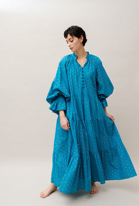 Maxi Dress Tiered 100% Cotton Gold Dot Print Gorgeous Women's Velnica From Japan