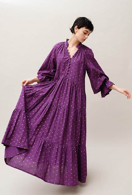 Maxi Dress Tiered 100% Cotton Gold Dot Print Gorgeous Women's Velnica From Japan