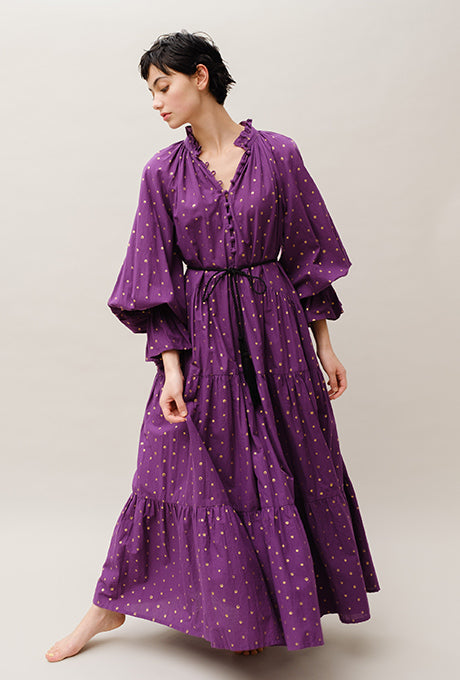 Maxi Dress Tiered 100% Cotton Gold Dot Print Gorgeous Women's Velnica From Japan