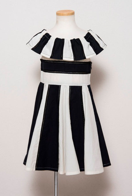 100% Cotton Kids Girls Dress Color-Blocked Ruffle Collar Velnica From Japan