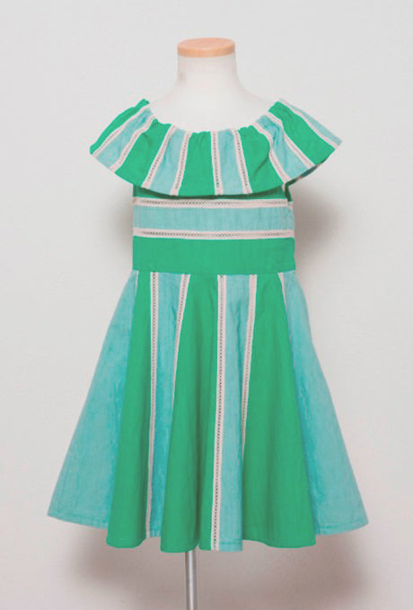 100% Cotton Kids Girls Dress Color-Blocked Ruffle Collar Velnica From Japan