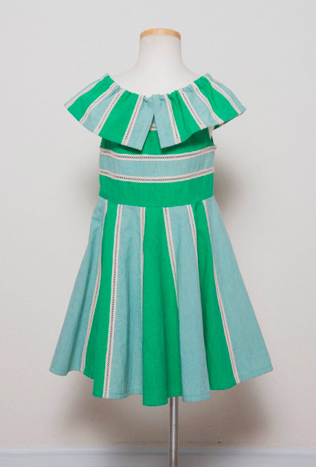 100% Cotton Kids Girls Dress Color-Blocked Ruffle Collar Velnica From Japan