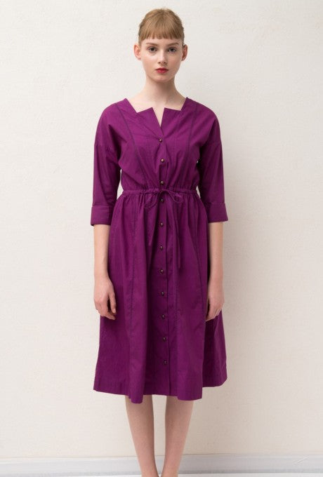 Midi Dress 3/4 Sleeve Belted 100% Cotton Women's Velnica From Japan