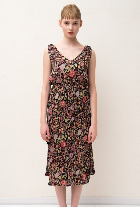 Midi Dress Floral Print Sleeveless 100% Cotton Crepe Women's Velnica From Japan