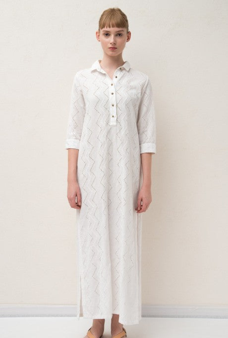 Maxi Shirt Dress Embroidered Cotton Linen Long Sleeve Women's Velnica From Japan