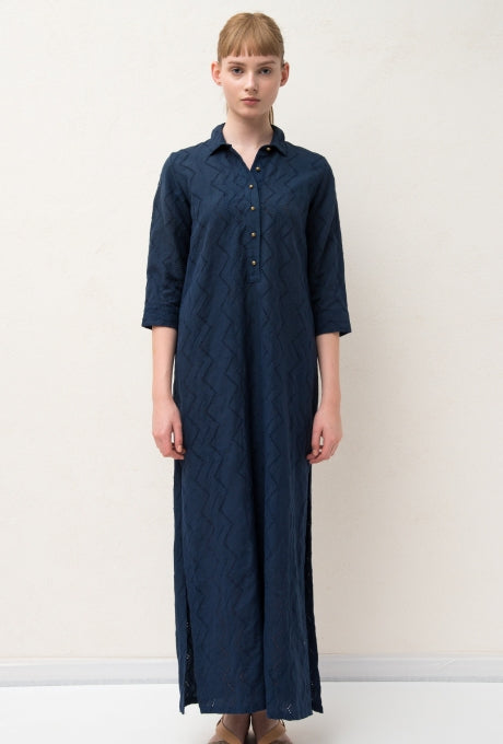 Maxi Shirt Dress Embroidered Cotton Linen Long Sleeve Women's Velnica From Japan