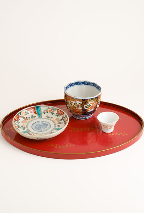 Japanese Vintage Lacquer Tray-A Painted Plate Bowl Cup Set Velnica From Japan