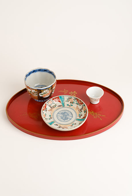 Japanese Vintage Lacquer Tray-B Painted Plate Bowl Cup Set Velnica From Japan