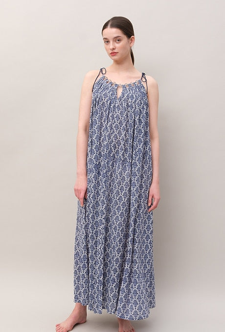 Print Maxi Dress 100% Cotton Bead Decoration Women's Velnica From Japan