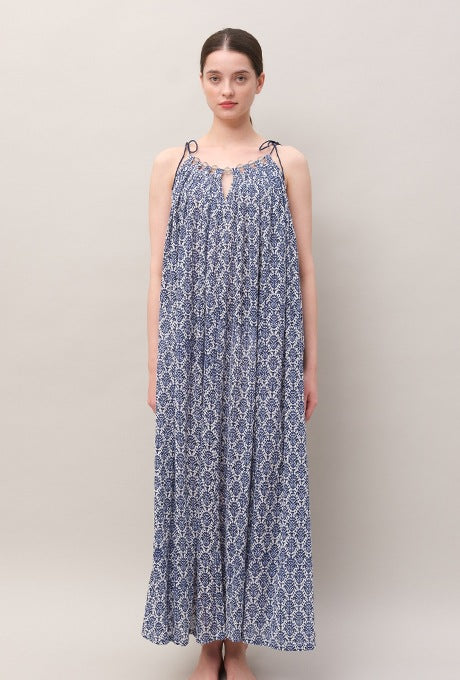 Print Maxi Dress 100% Cotton Bead Decoration Women's Velnica From Japan