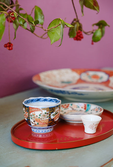 Japanese Vintage Lacquer Tray-B Painted Plate Bowl Cup Set Velnica From Japan